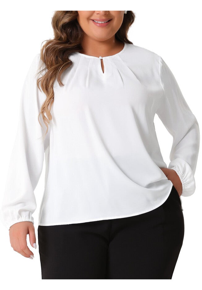 Crew Neck Pleated Curved Keyhole Long Sleeve Chiffon Blouse, White / White, alternate image number 2