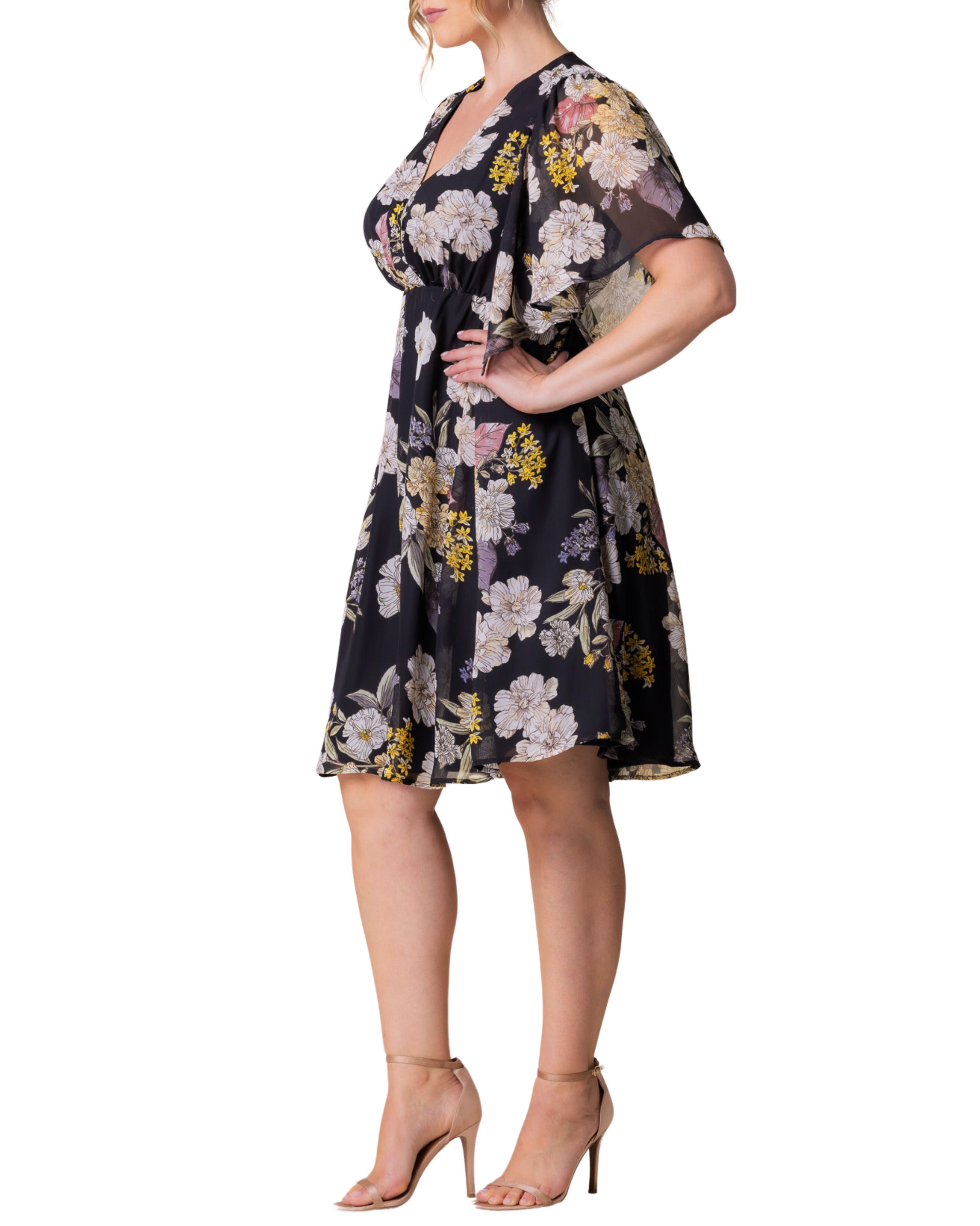 Florence Flutter Sleeve Dress, MIDNIGHT PEONY PRINT / Black, alternate image number 3