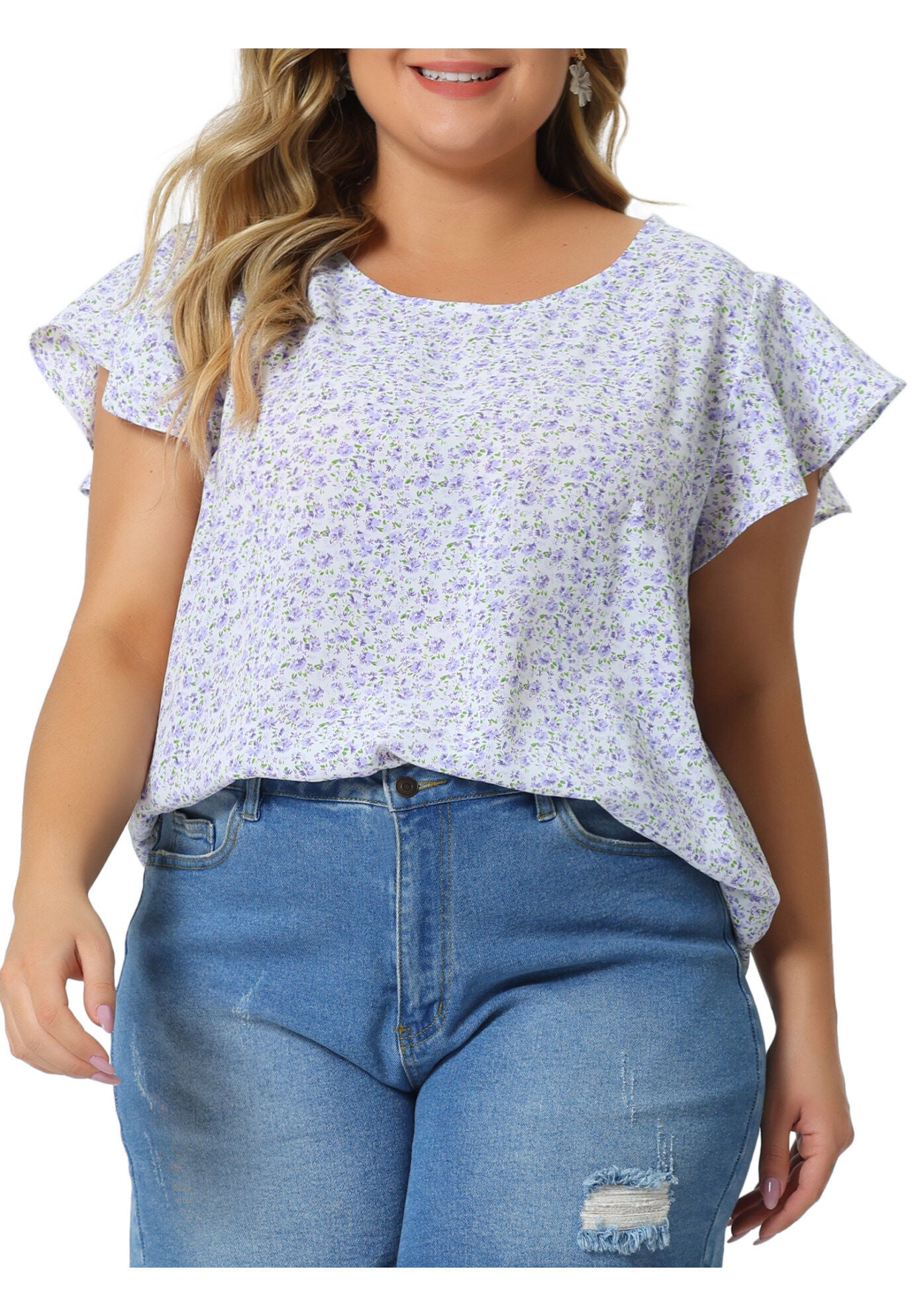 Summer Top Floral Round Neck Short Sleeves Ruffle Blouse, Purple / Purple, alternate image number 1