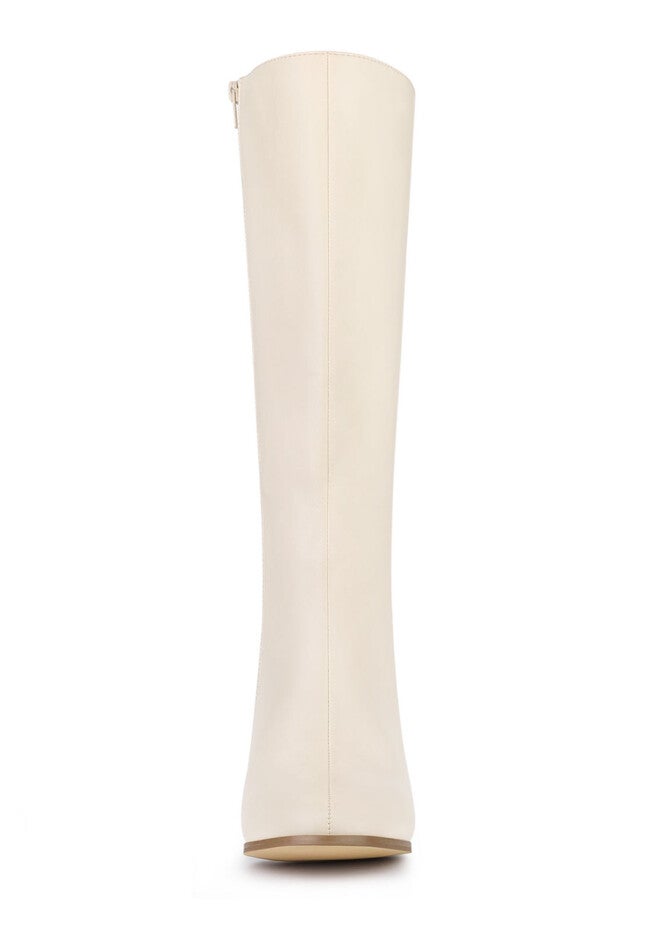 Round Toe Block Heels Knee High Boots, Cream White / Ivory, alternate image number 1