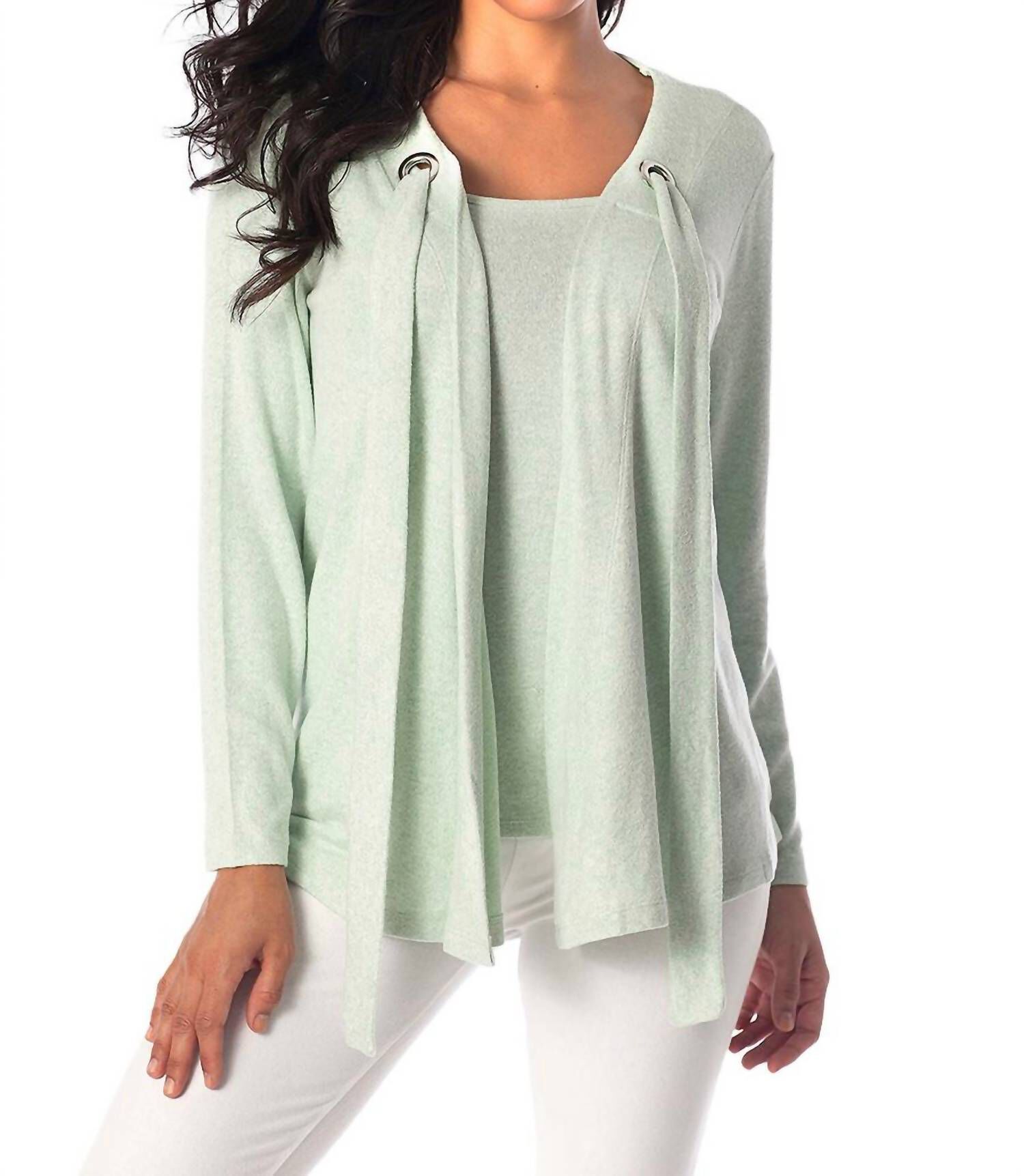 NIKKI KASHMIRA GROMMET OPEN CARDIGAN IN MINT, Mint / Light Green, hi-res image number 0
