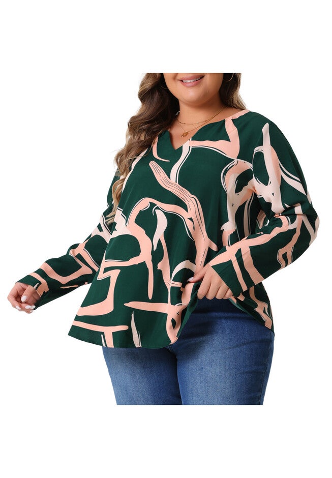 V Neck Long Sleeve Printed Shirt Blouse, Green / Forest Green, alternate image number 4