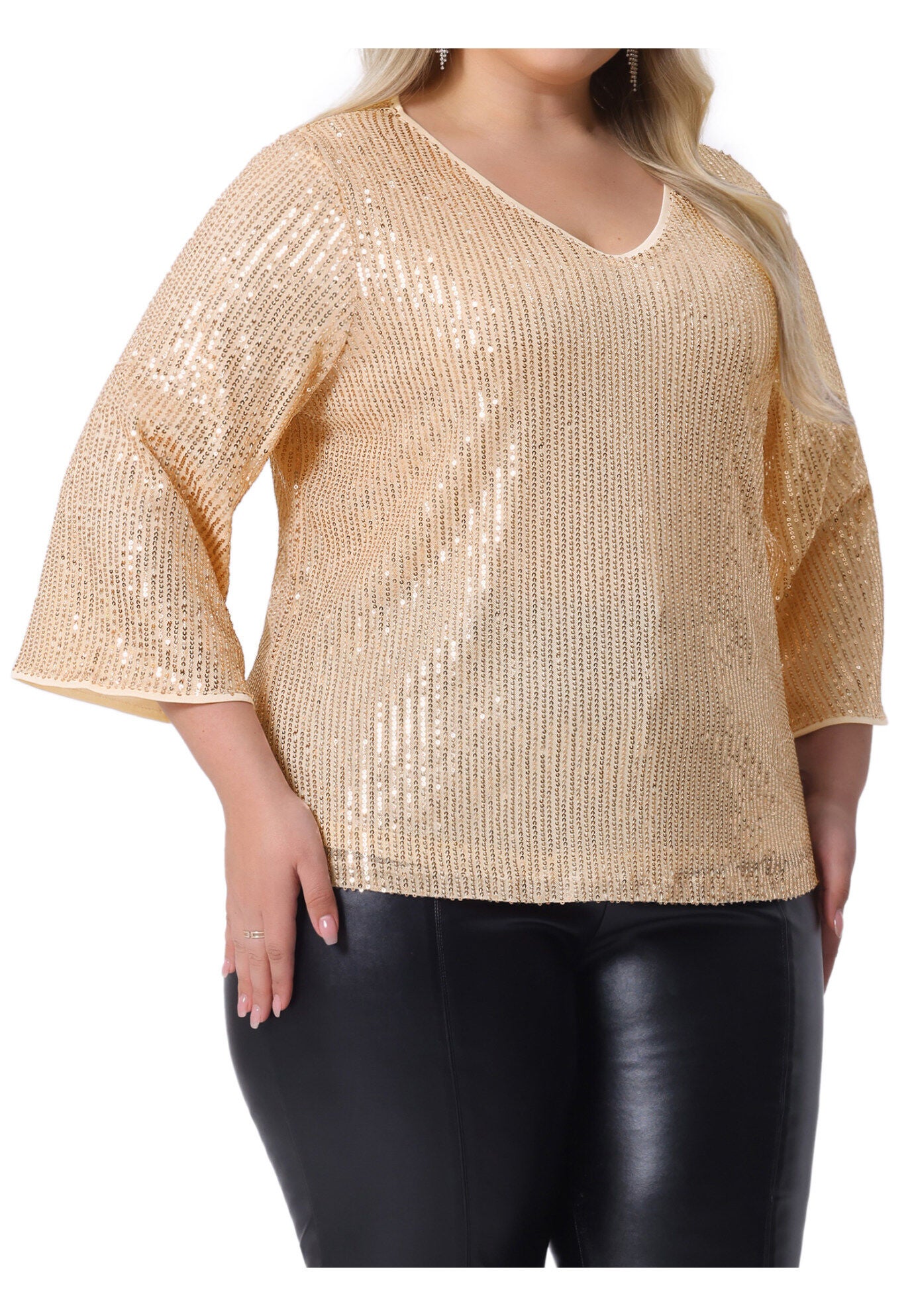 Sequin 3/4 Sleeve V Neck Glitter Top, Champagne / Gold, alternate image number 1