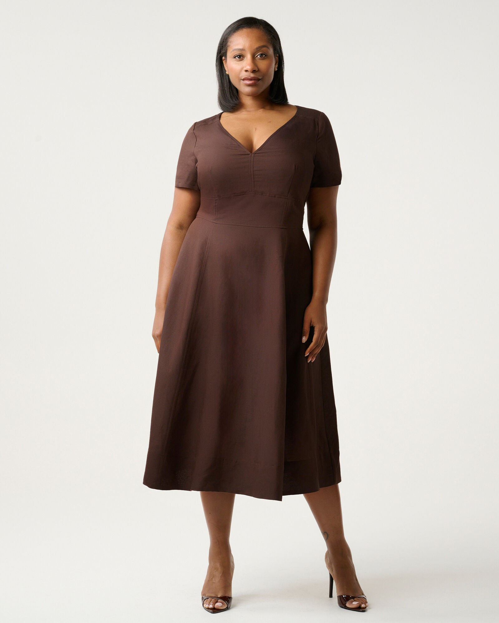Akira Linen Midi Dress, Choc / Brown, hi-res image number 0