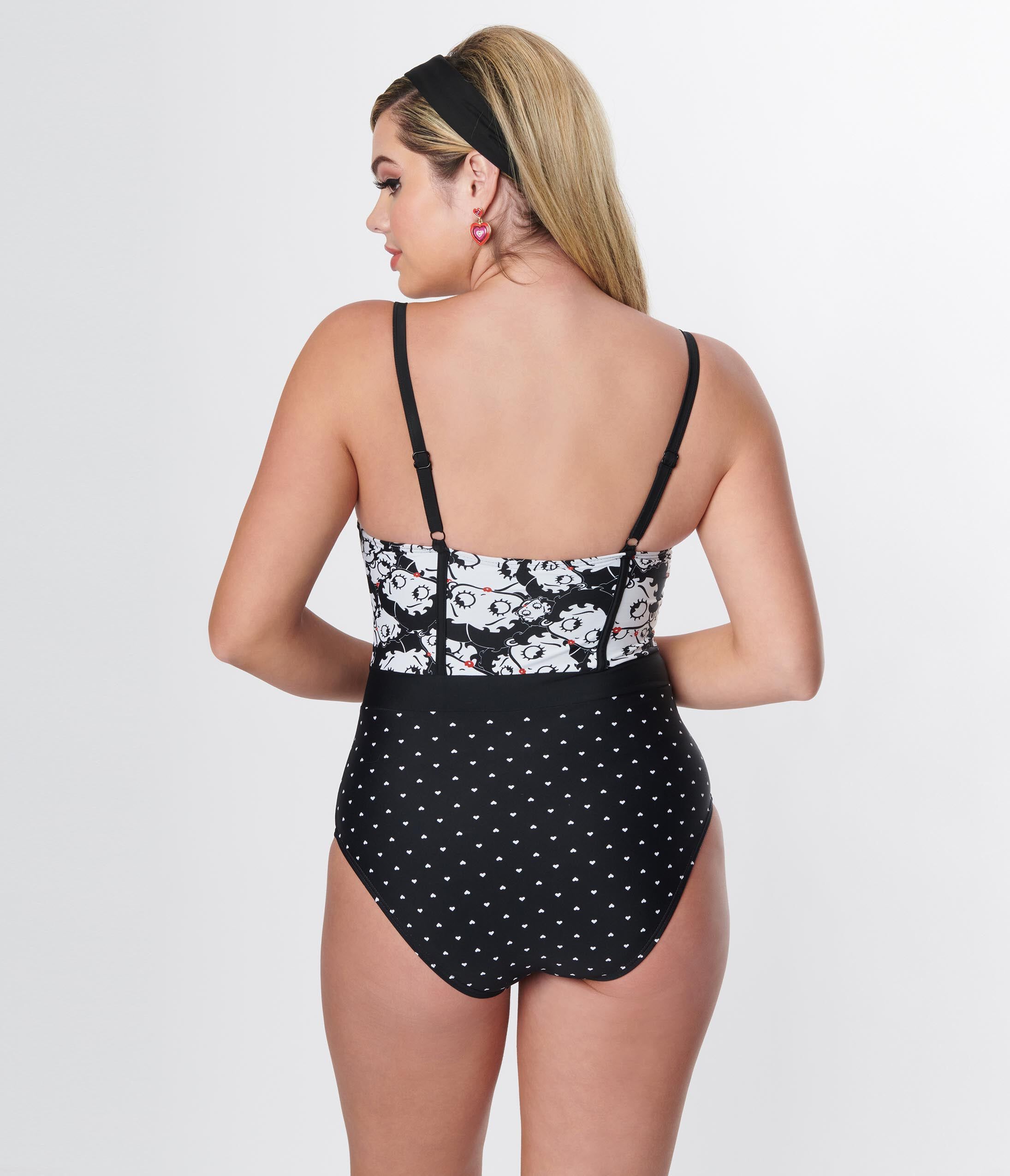 Betty Boop x Unique Vintage Boop Boop A Doop Clemente Swimsuit, Black White Polka Dot / Black, alternate image number 2