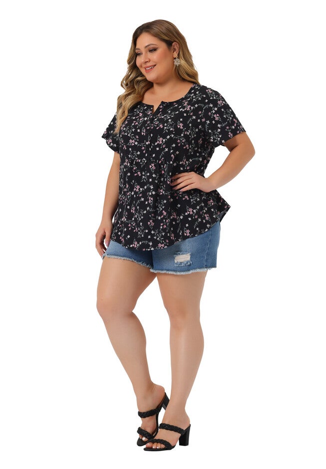 Summer Top Floral Half Placket Short Sleeve Casual Blouse, Black / Black, alternate image number 1