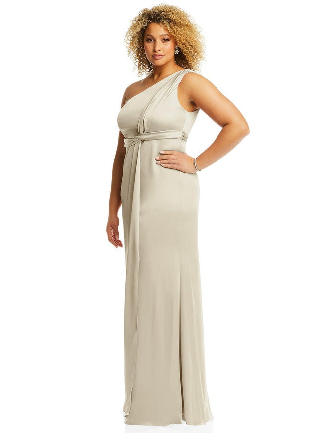 One-Shoulder Draped Twist Empire Waist Trumpet Gown, , alternate image number 5
