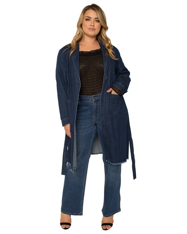 Natalie Plus Size Denim Robe Long Sleeves Collared Jacket, , alternate image number 8