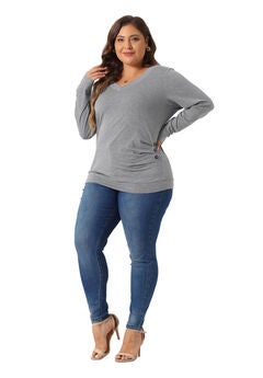 V Neck Long Sleeve Buttons Decor Ruched Casual Blouse Tunic Top