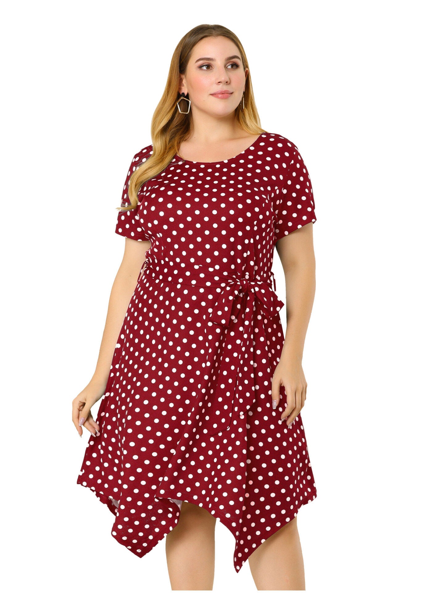 Printed Retro High Low Short Sleeves Dress, Wine Red / Red, hi-res image number 0
