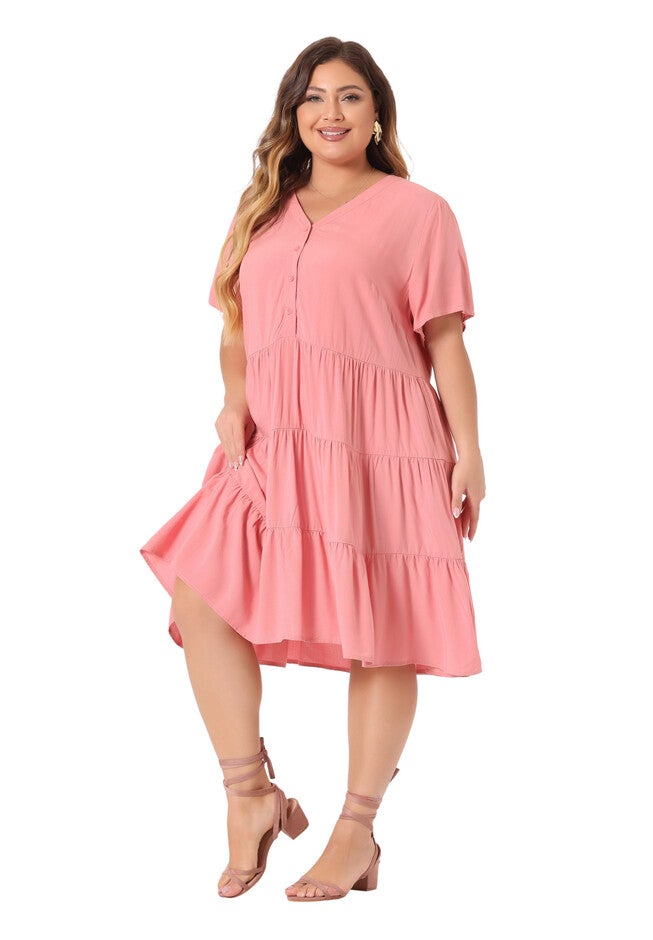Button Down V Neck Knee Length Tiered Chambray Dress, Pink / Pink, hi-res image number 0