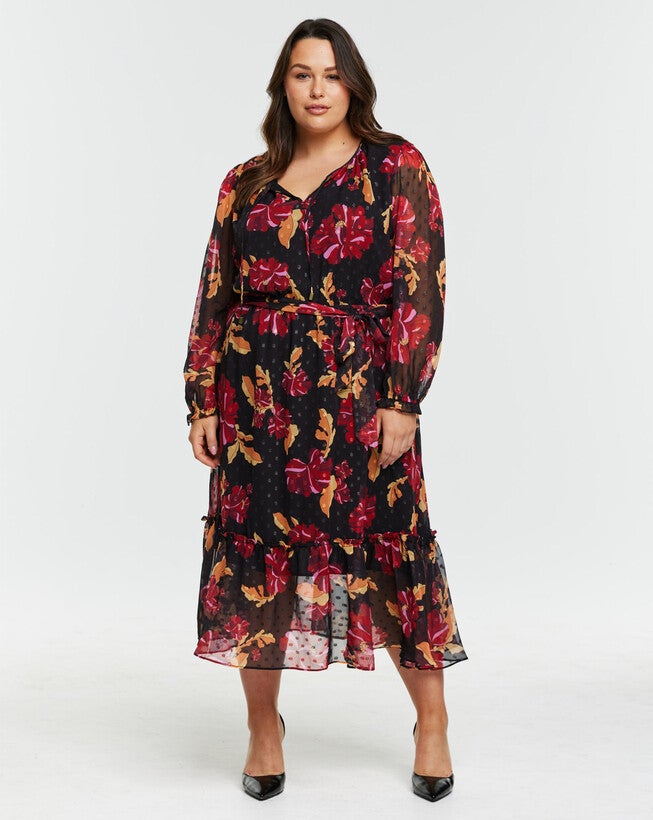 Midnight Petal Long Sleeved Floral Midi Dress, , alternate image number null