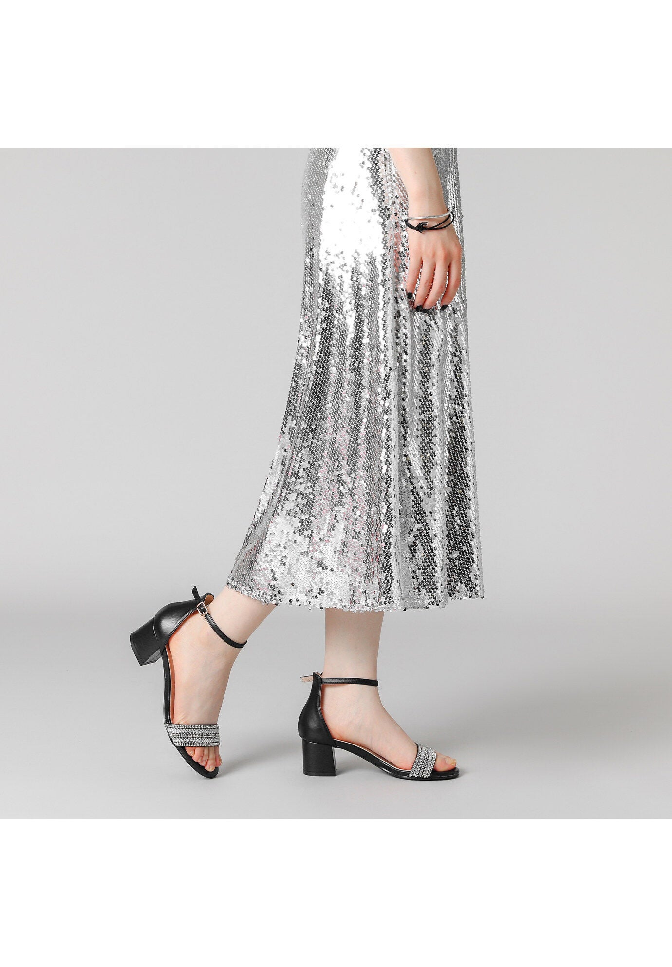 Rhinestone Sparkly Chunky Heels Sandals, Black / Black, alternate image number 3