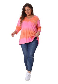 V Neck 3/4 Sleeve Loose Casual Striped Tie Dye Print T-Shirt Top