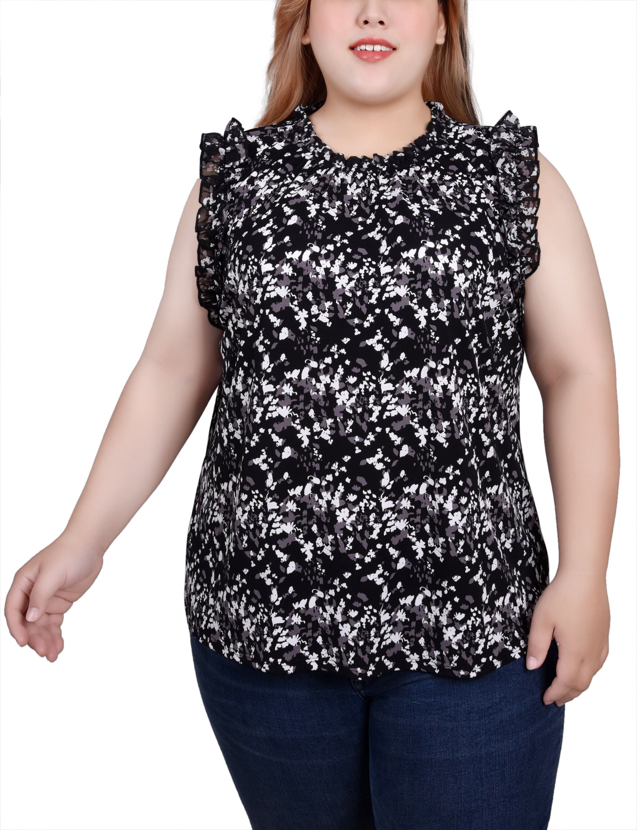Sleeveless Crepe Top With Chiffon Ruffles, Black Grey Floral / black, hi-res image number 0