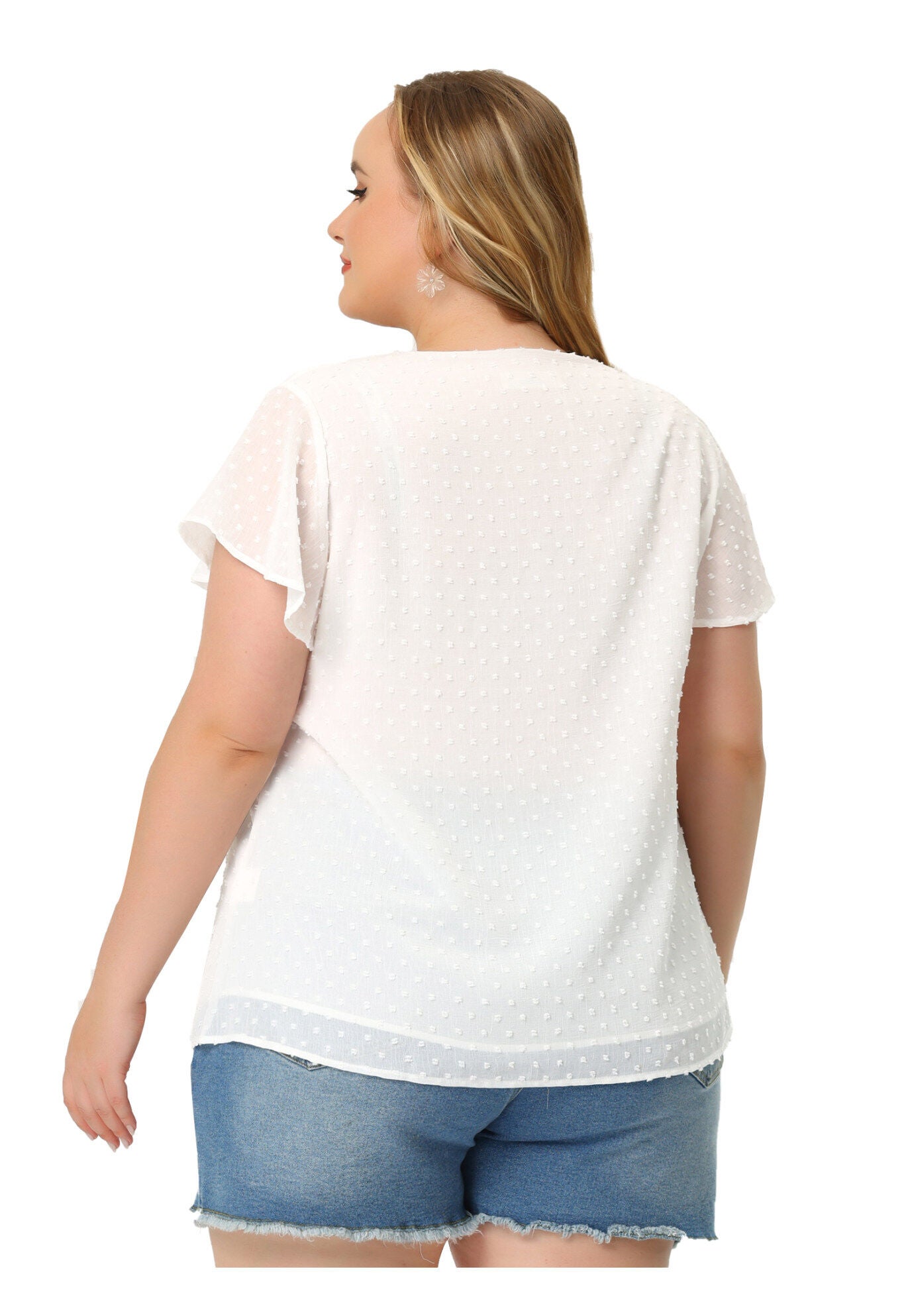 Swiss Dots Blouse V Neck Summer Short Sleeve Casual Top, White / White, alternate image number 3