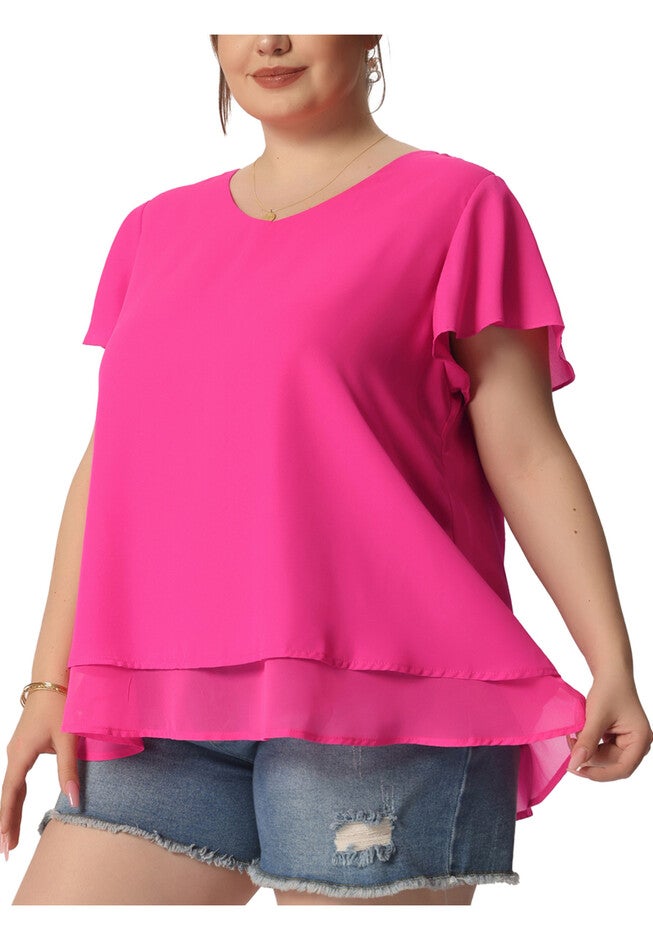 Summer Top Ruffle Short Sleeve V Neck Double Layered Hem Chiffon Blouse, Hot Pink / Deep Fuchsia, alternate image number 2