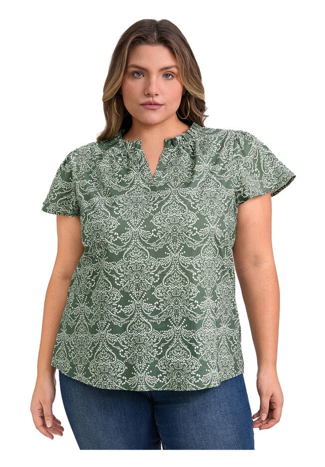 Floral Printed Ruffle V Neck Short Sleeve Popover Blouse, Gray Green / Charcoal Grey, hi-res image number 0