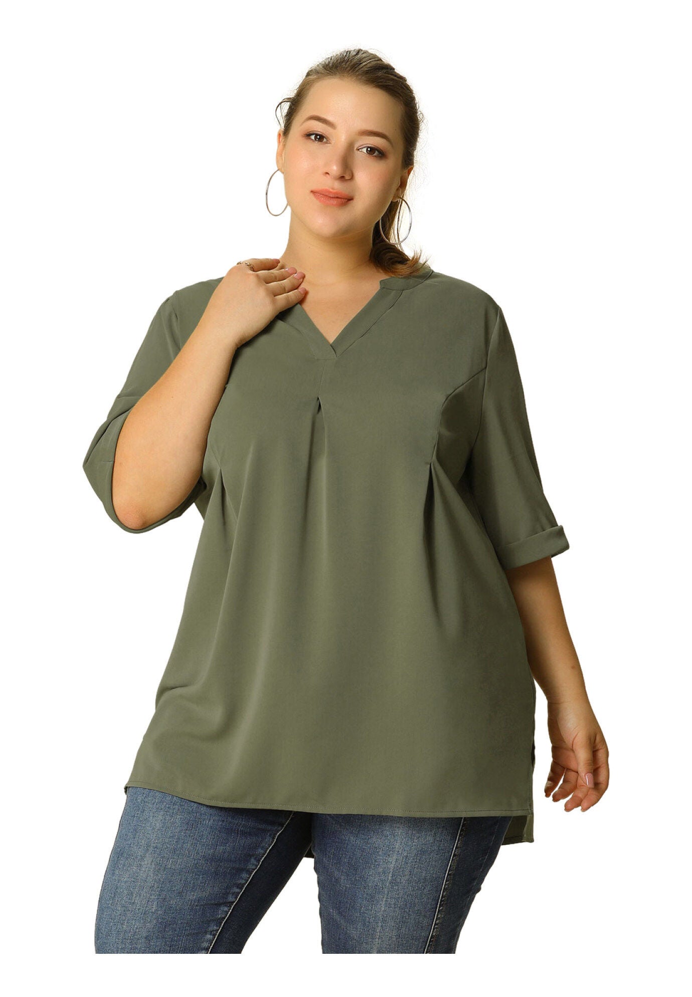 V Neck Casual Solid 1/2 Sleeve Tunic Blouse, Olive Green / Olive Green, alternate image number 3