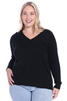 Cotton Cashmere Distressed Long Sleeve V-Neck Sweater
