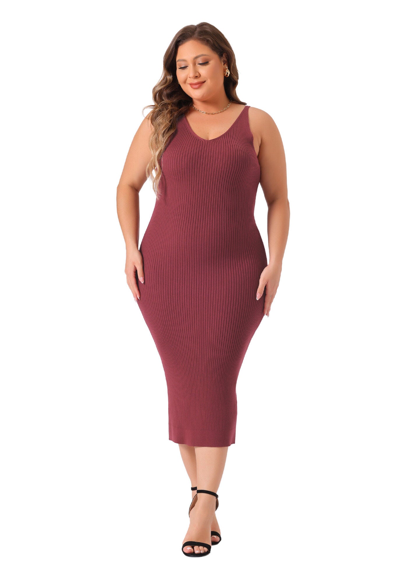 Sleeveless V Neck Ribbed Knit Bodycon Midi Sweater Cami Dress, Burgundy / Burgundy, hi-res image number 0