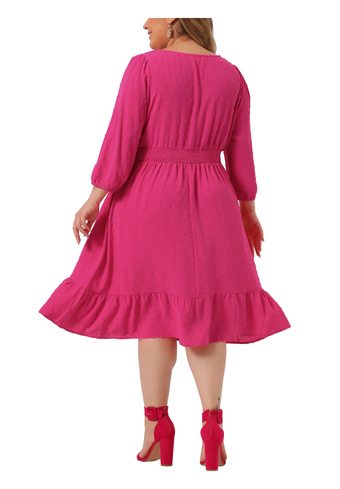 Swiss Dots Bohemian Square Neck Midi Chiffon Dress, Hot Pink / Deep Fuchsia, alternate image number 3