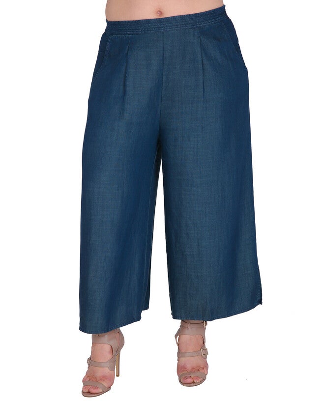 Diana Wide-Leg Cropped Indigo Tencel Denim Palazzo Pants, Dirty Dog Blue / Dark Wash, hi-res image number null
