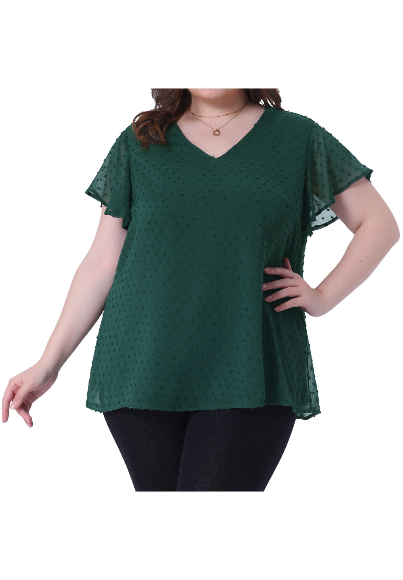 Swiss Dots Blouse V Neck Summer Short Sleeve Casual Top, Dark Green / Forest Green, alternate image number 3