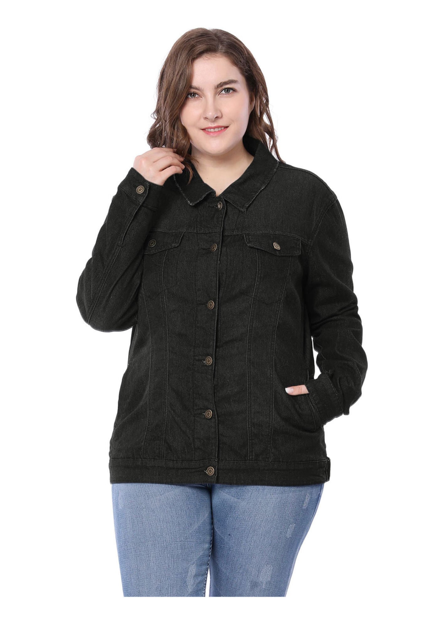 STITCHING BUTTON FRONT WASHED DENIM JACKET, Black / Black, hi-res image number 0