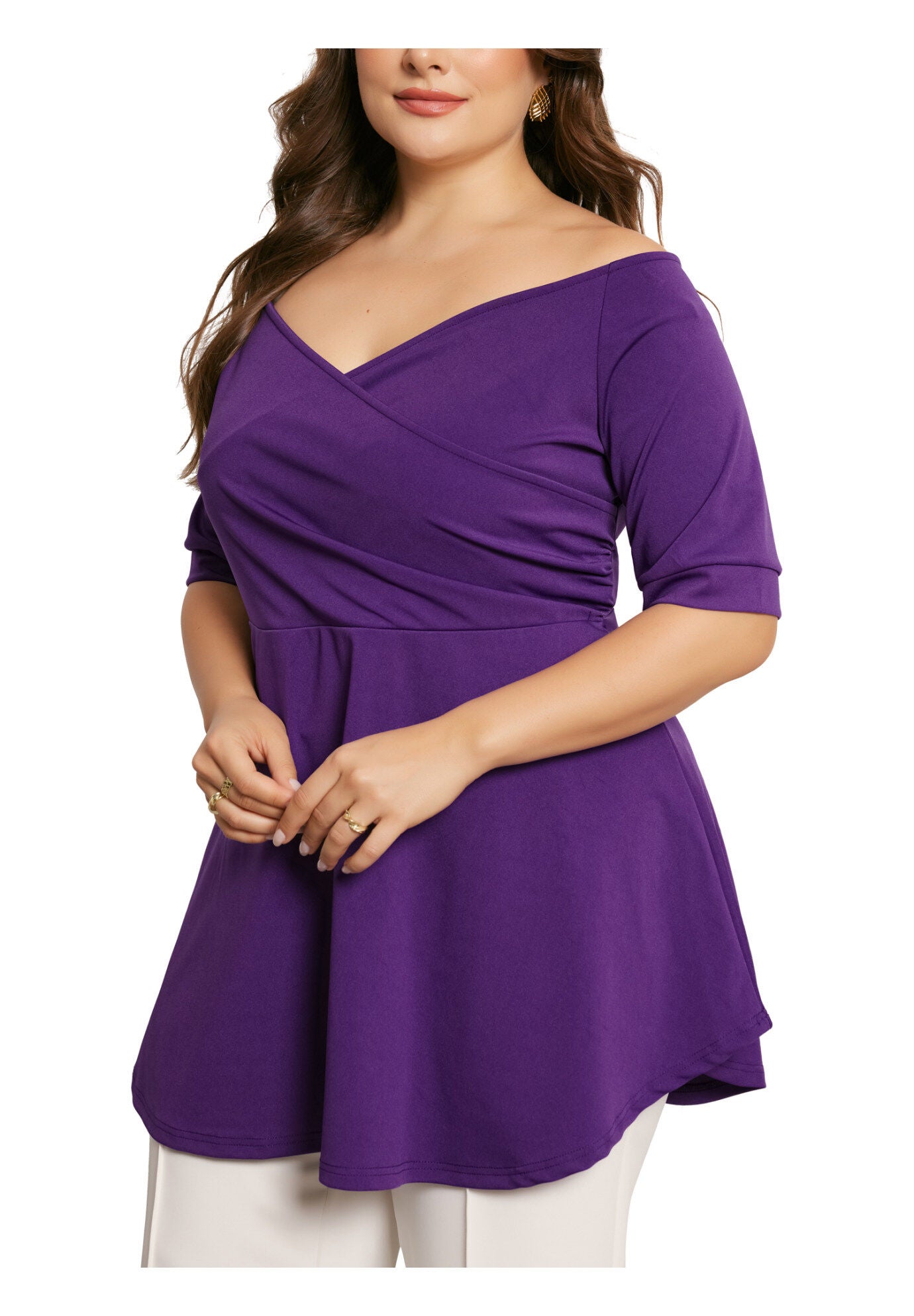 V NECK SHORT SLEEVE RUCHED PEPLUM BLOUSE TOP, Purple / Purple, alternate image number 1