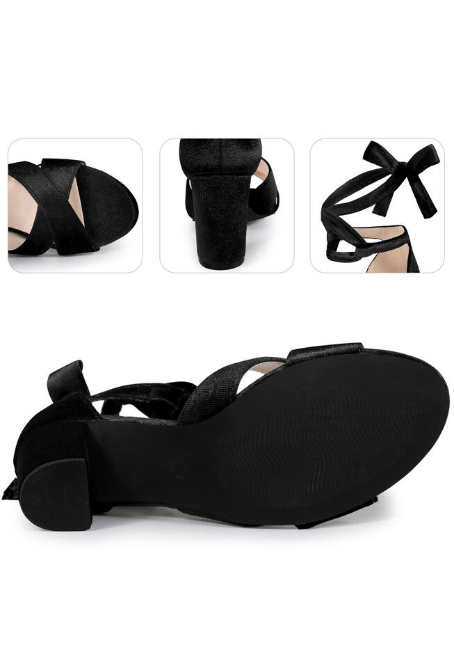 Chunky Heel Cross Strap Lace Up Velvet Sandals, Black / Black, alternate image number null