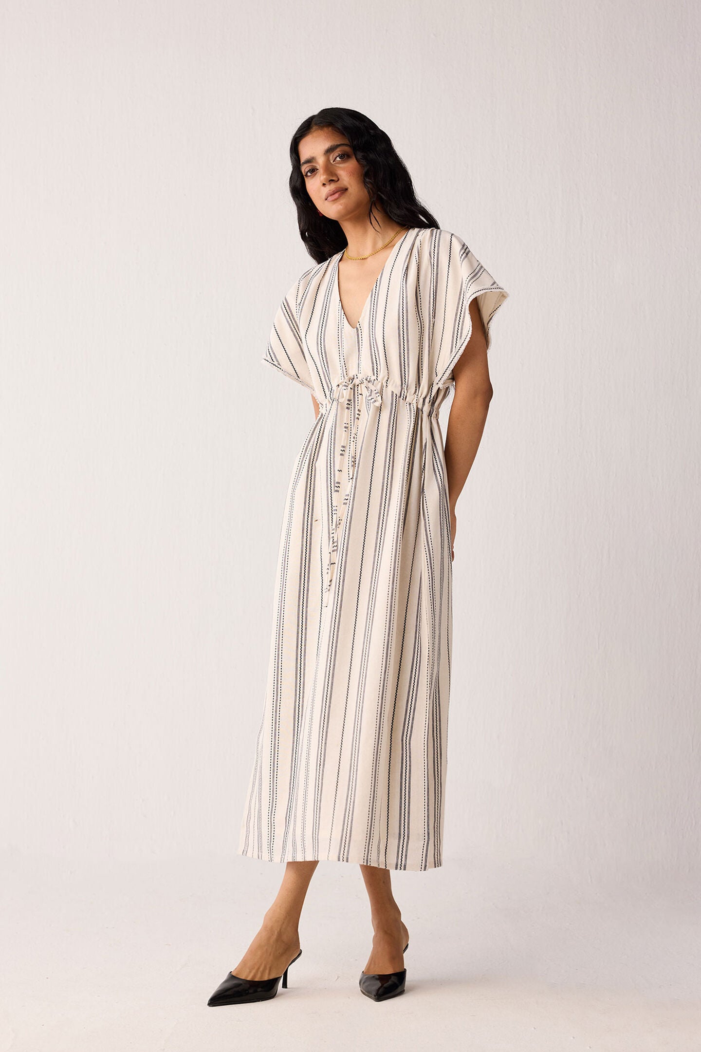 Maxi Gathered Dress with Side Slits in Stripes, Linear Canvas / Cream, alternate image number 5