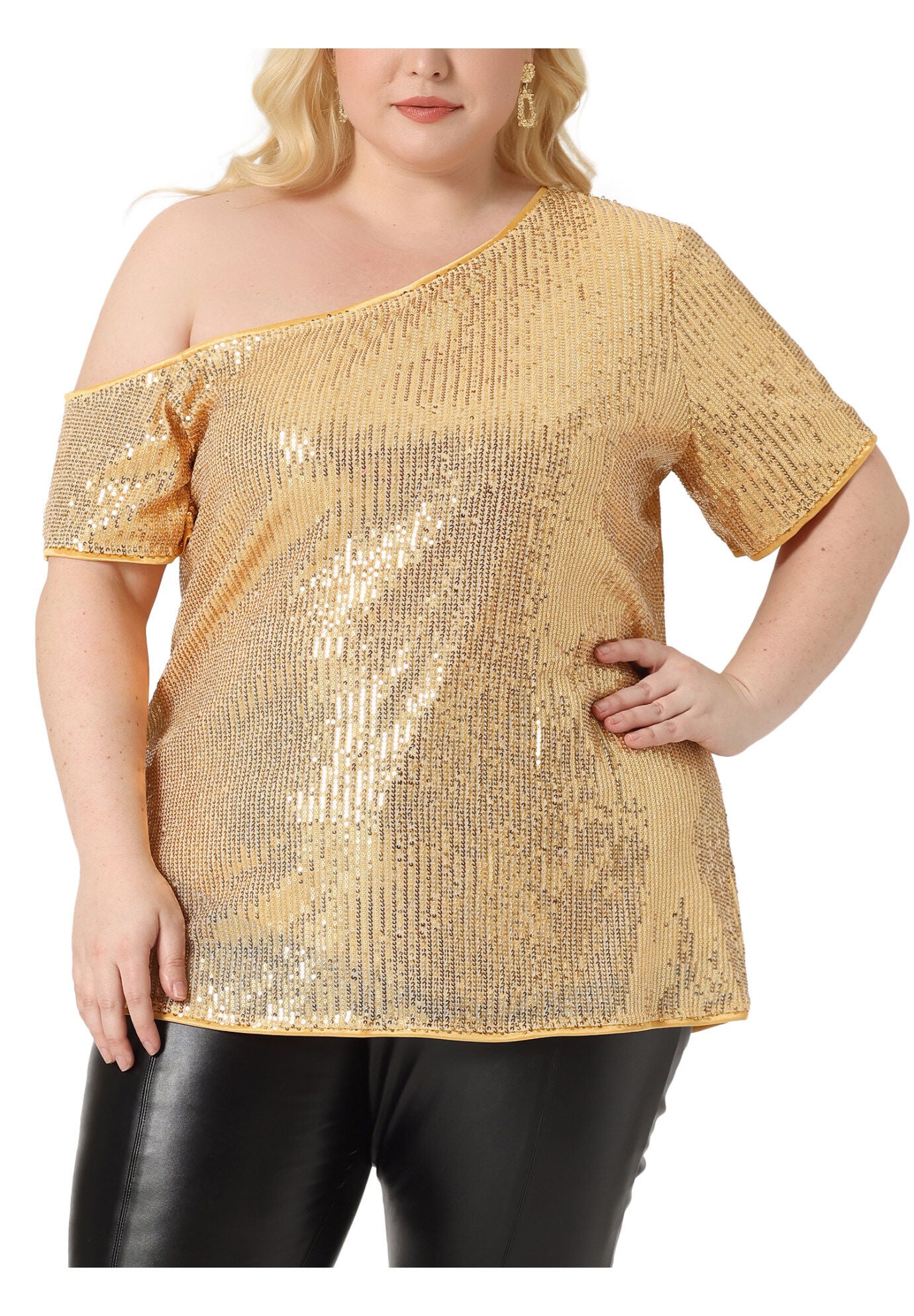 ONE SHOULDER SHORT SLEEVE METALLIC SEQUIN TOP, Gold / Gold, alternate image number 2
