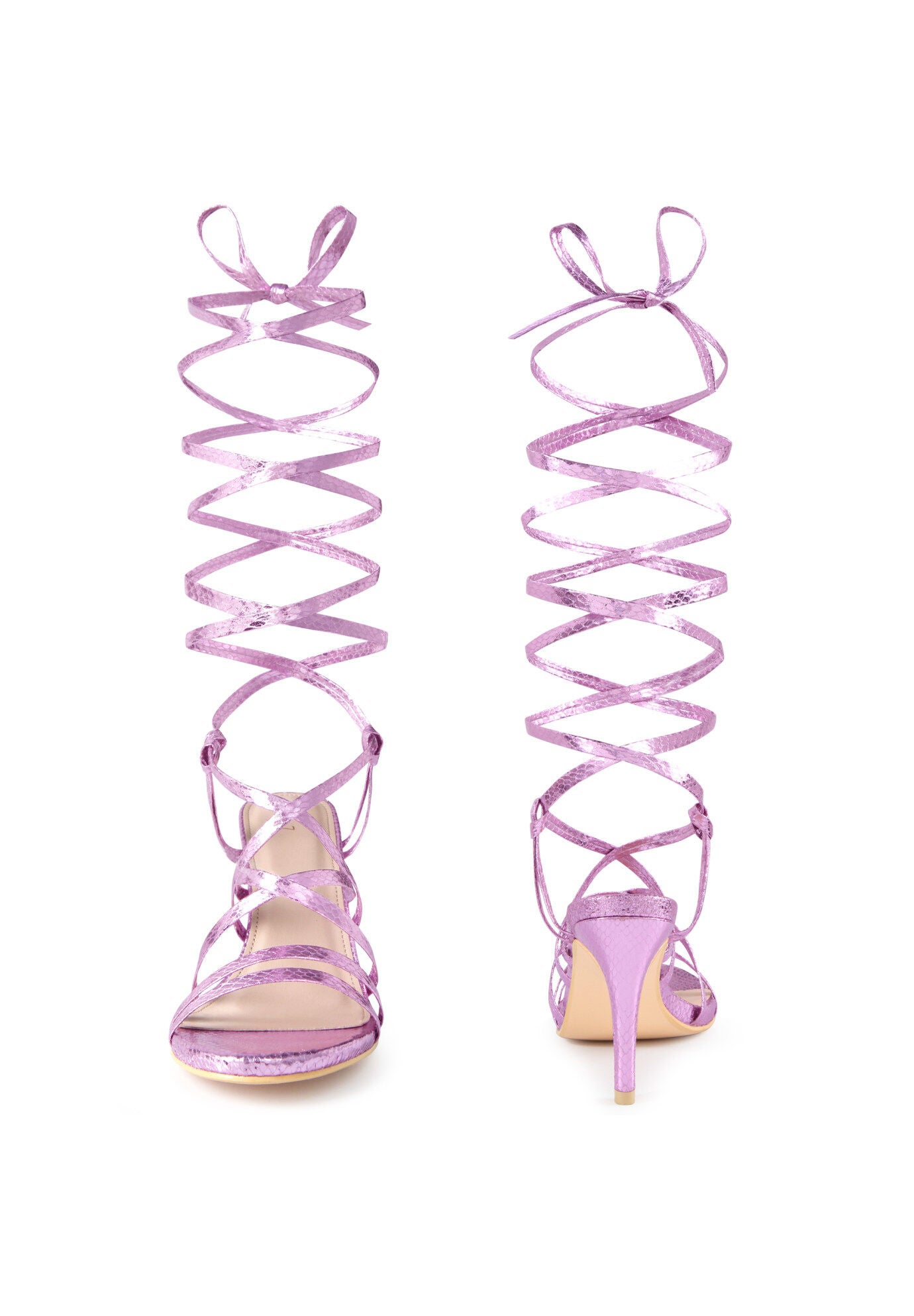 Snakeskin Strappy Lace Up Stiletto Heels Gladiator Sandals, Pink / Purple, alternate image number 1