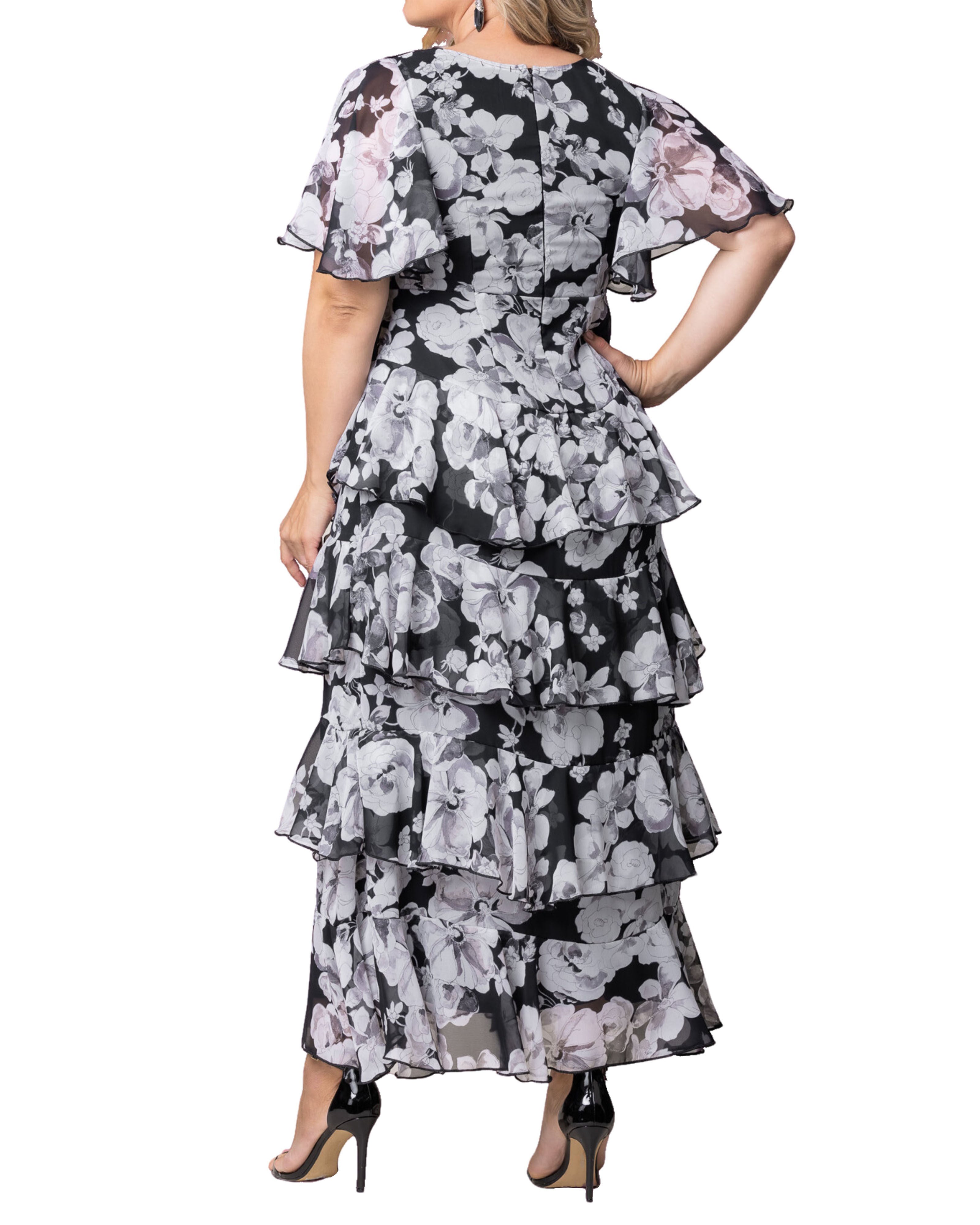 Tour de Flounce Chiffon Evening Gown, GRAYSCALE BLOOMS / Black, alternate image number 1