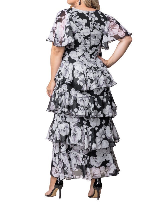 Tour de Flounce Chiffon Evening Gown, GRAYSCALE BLOOMS / Black, alternate image number 1