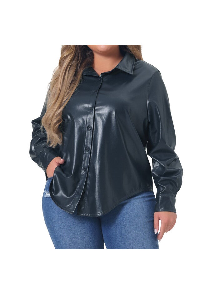 FAUX LEATHER JACKET SHACKET BUTTON DOWN SHIRT, Dark Blue / Navy, alternate image number 1