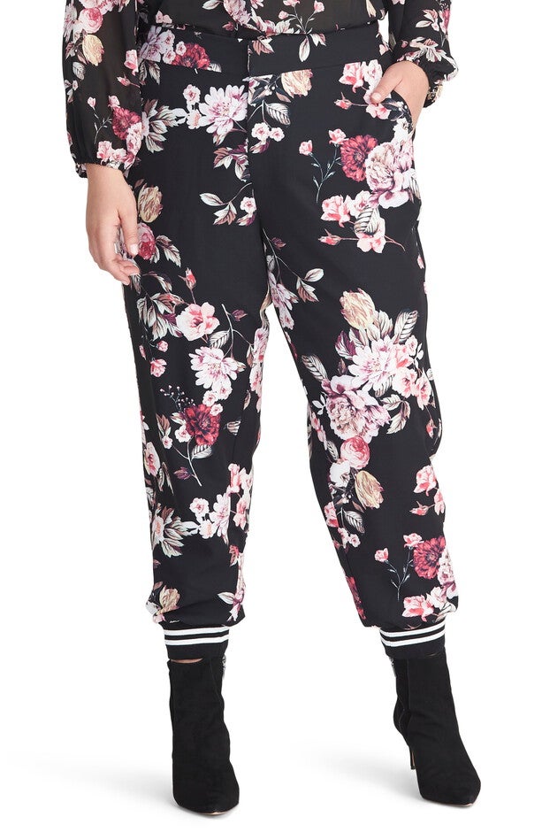 Rachel Roy Women's Eden Floral Print Contrast Trim Pants Black 0X, , alternate image number null