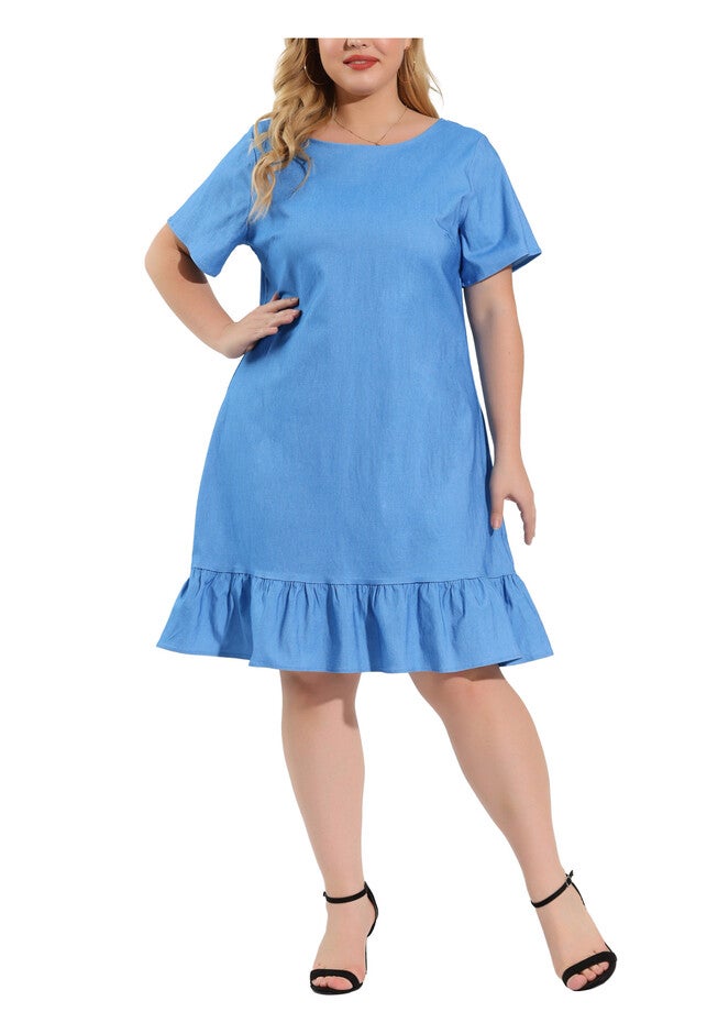 Ruffle Hem Casual Short Sleeve Chambray Dress, Sky Blue / Light Blue, alternate image number 2