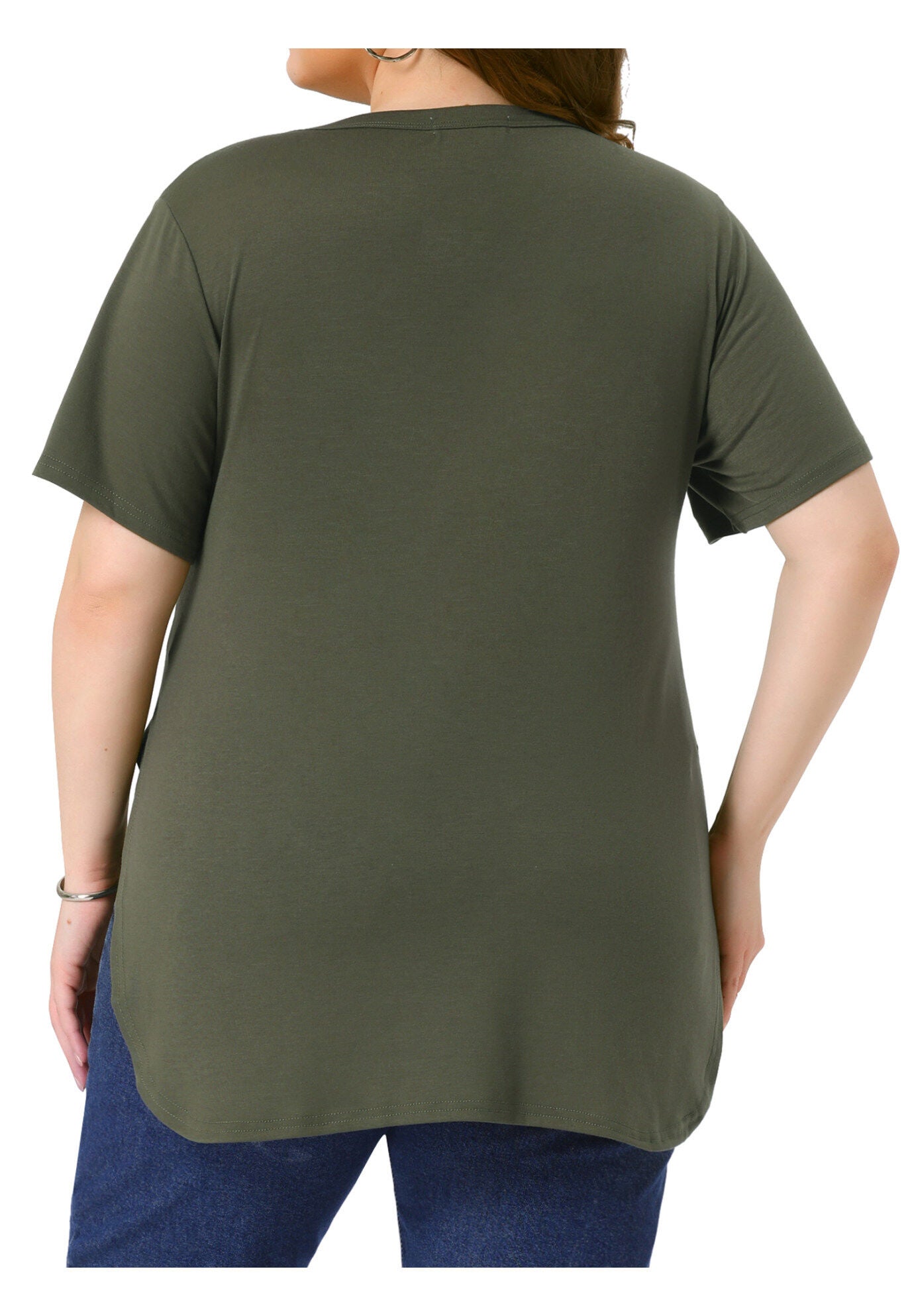 Short Sleeve Round Neck Side Split Hem T-Shirts, Army Green / Olive Green, alternate image number 3