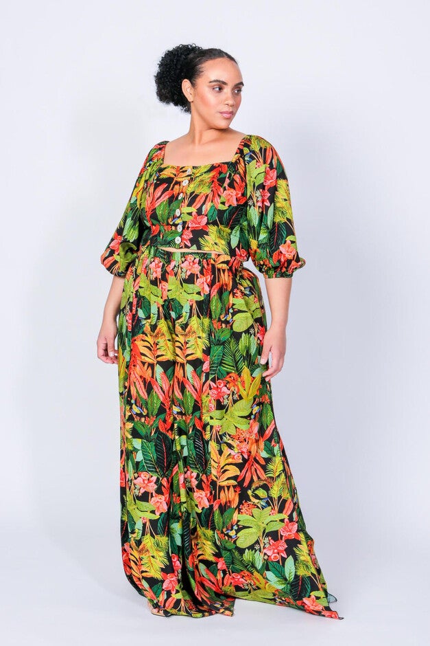 Teena and Marie Puff Sleeve Crop Top and Pants, Tropics / Forest Green, alternate image number null