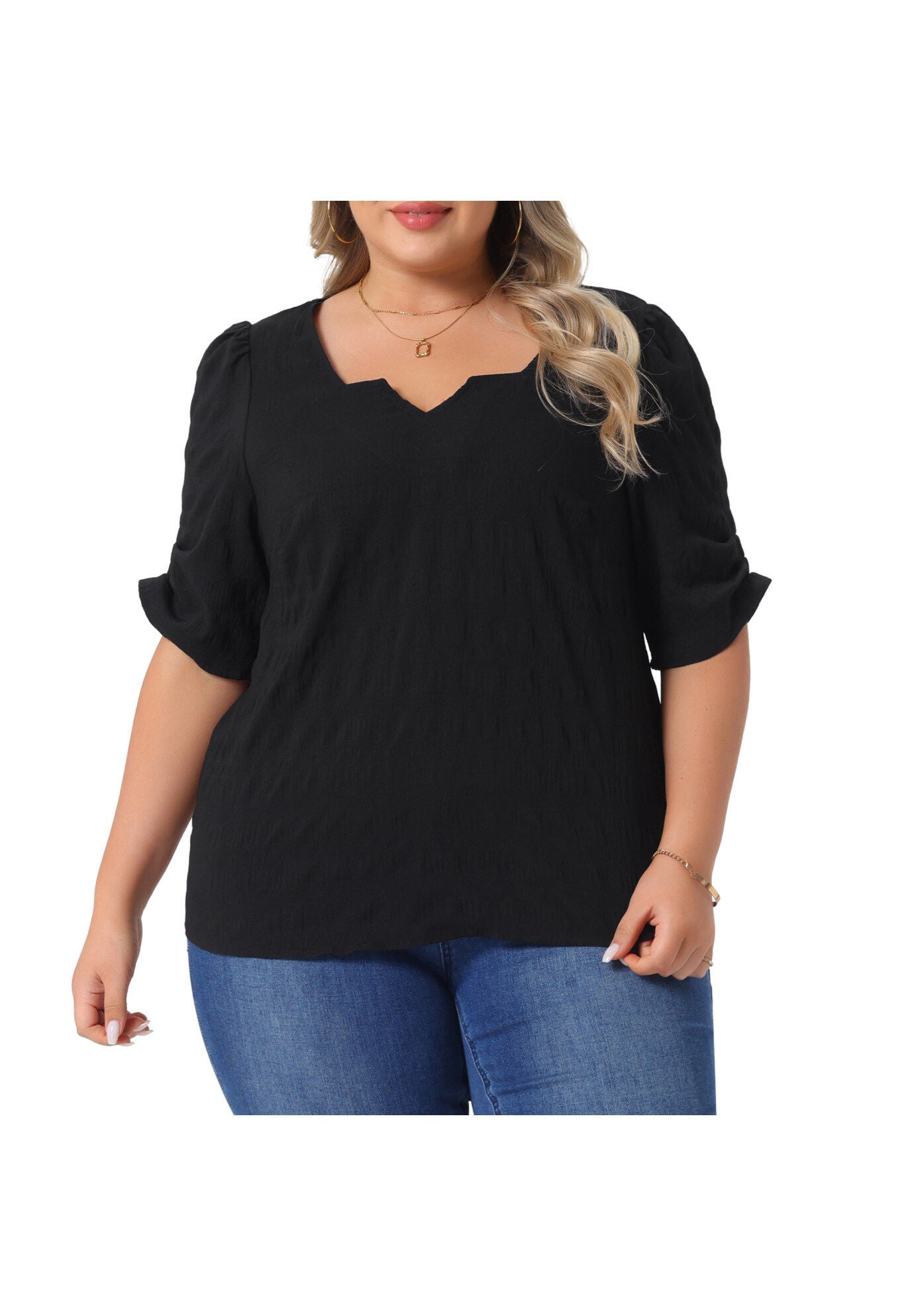 Pleated Notched Short Sleeve Casual Blouse, Black / Black, alternate image number 1