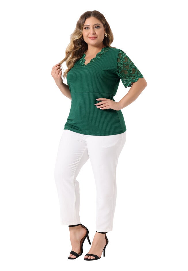 V Neck Short Sleeve Lace Ribbed Knit Tunic Top, Green / Forest Green, hi-res image number 0