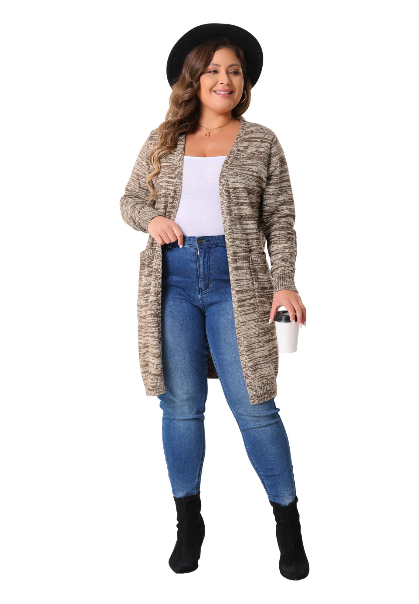 CONTRAST COLOR OPEN FRONT POCKETS SWEATER CARDIGAN, Coffee / Brown, hi-res image number 0