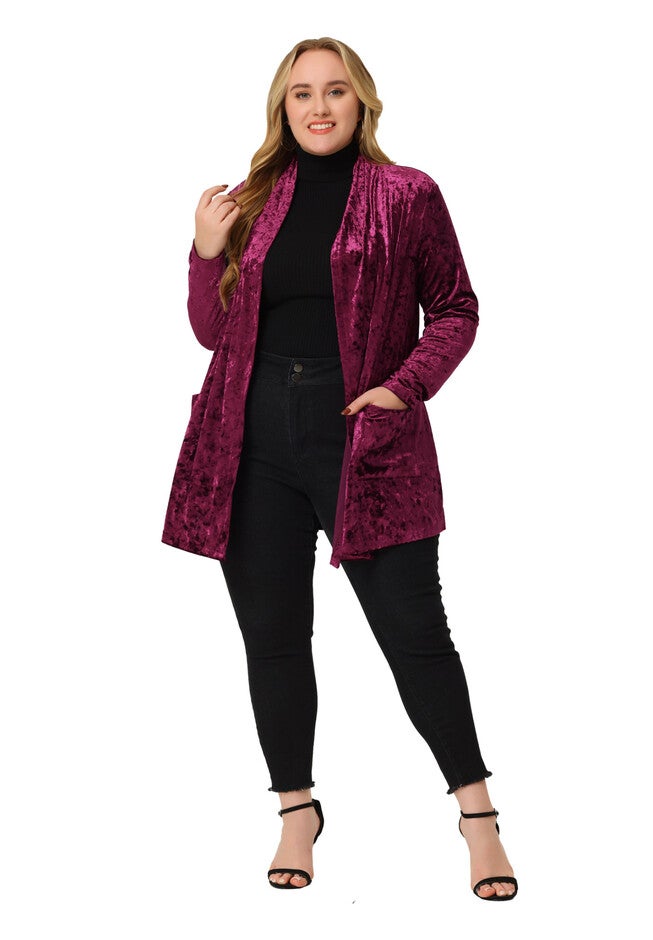 VINTAGE SHAWL COLLAR OPEN FRONT VELVET CARDIGAN, Wine / Red, hi-res image number 0