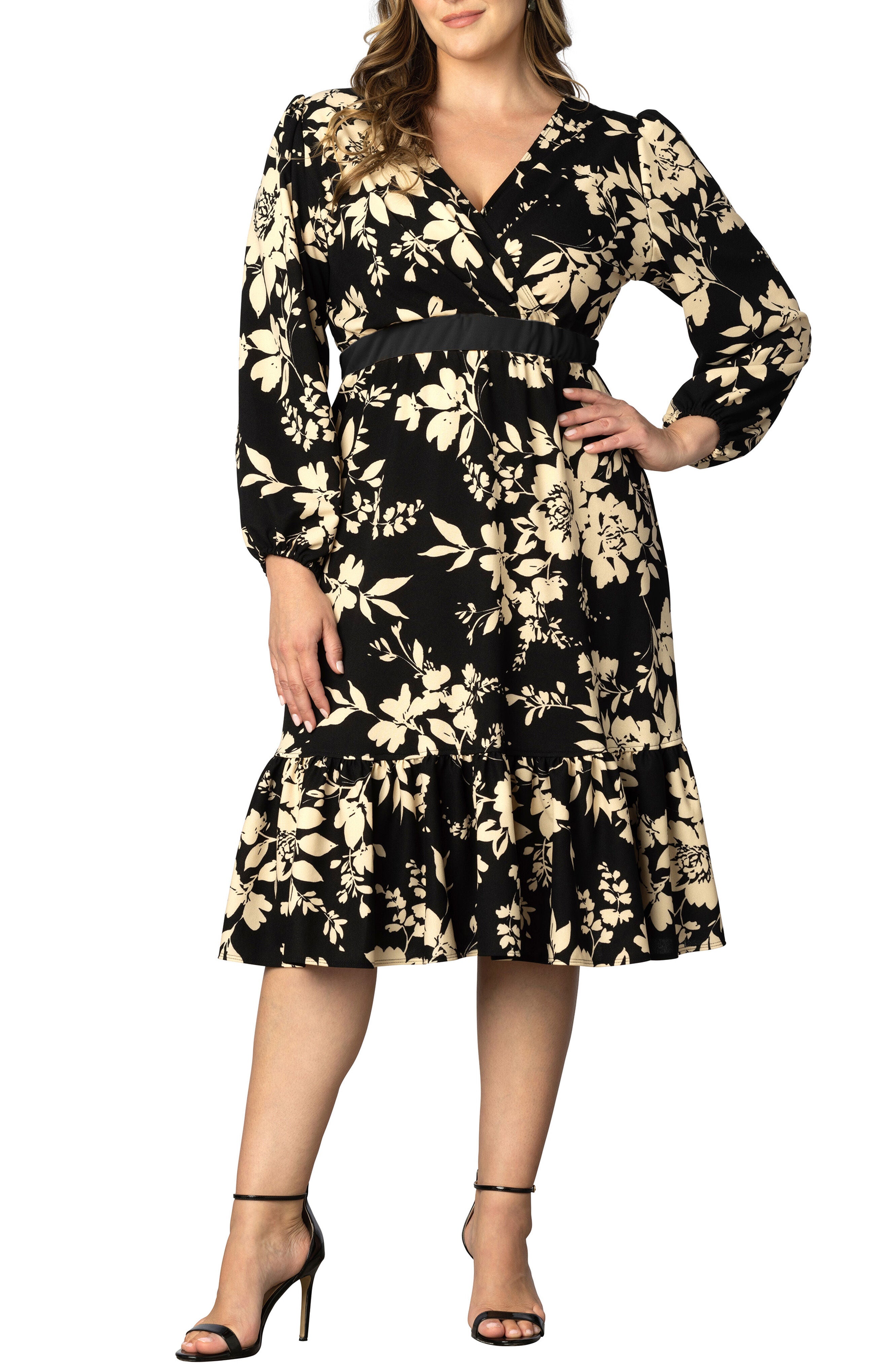 PORTIA LONG SLEEVE DRESS, VINTAGE IVORY FLORALS / Black, hi-res image number 0