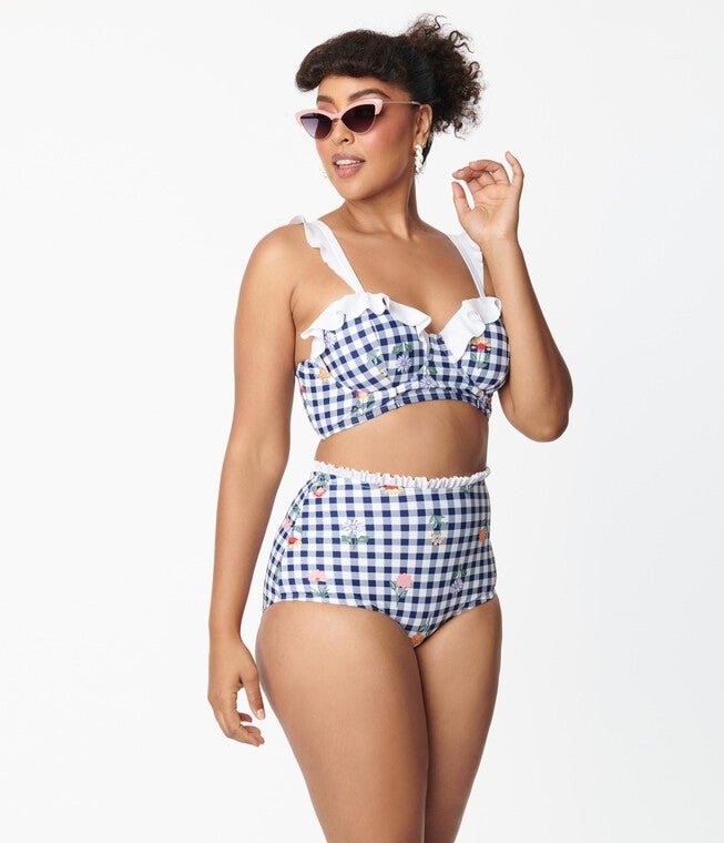 Unique Vintage Navy Gingham & Floral Cape May Swim Bottoms, Blue Gingham Floral Plaid / Navy, alternate image number 3