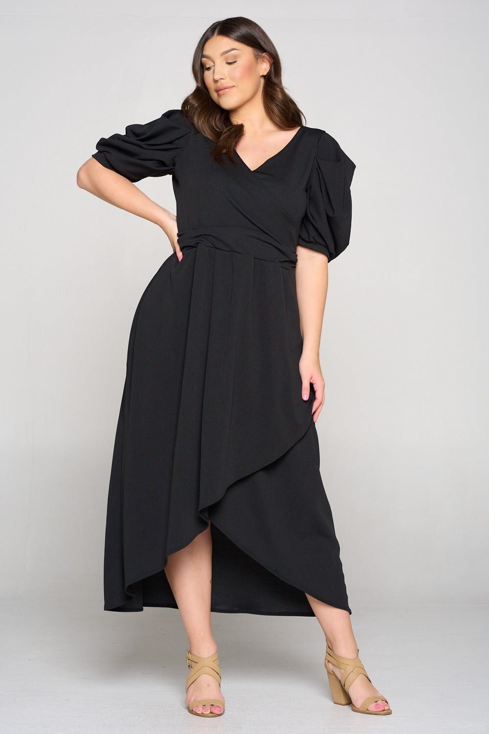 PUFF SLEEVE TULIP WRAP DRESS, Black / Black, hi-res image number 0
