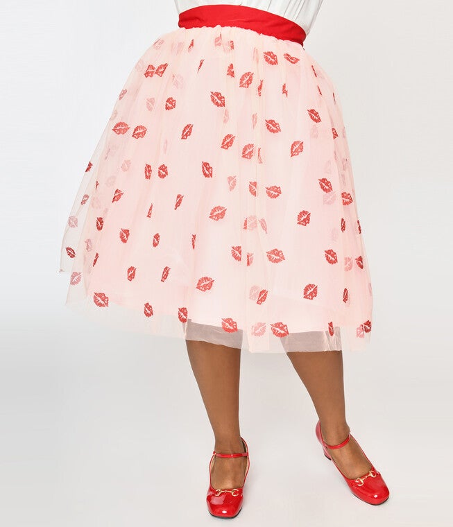 Unique Vintage Pink & Red Glitter Lips Brilliance Swing Skirt, Pink Red Glitter Lips / Pink, alternate image number null