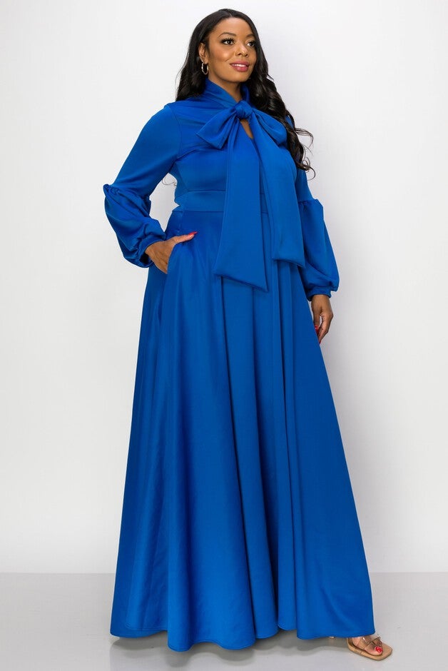 Bella Donna Dress with Ribbon and Bishop Sleeves, Royal / Royal Blue, alternate image number 1